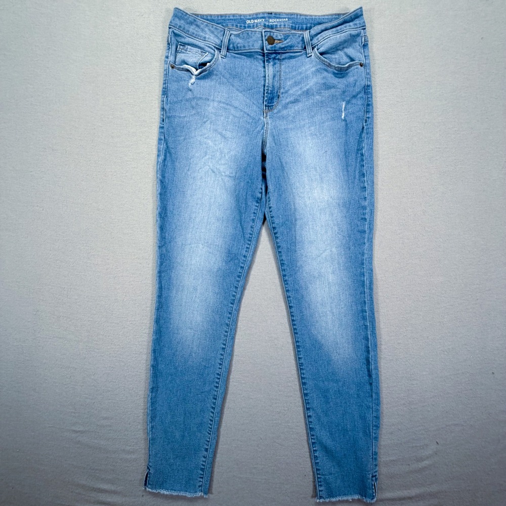 Old‎ Navy Rockstar Jeans Women 12 Light Wash Mid Rise Skinny Raw Hem Distressed